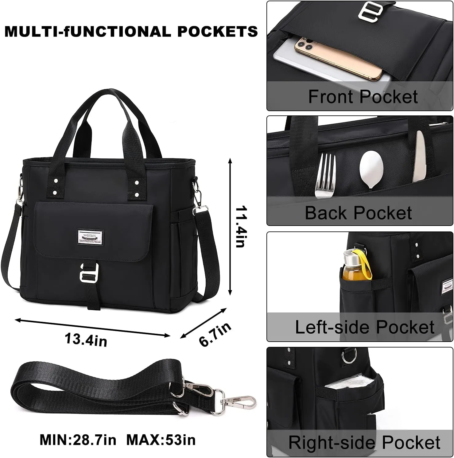 Weitars Insulated Lunch Bag for Men Women,Leak Proof Lunch Box for Work,Extra Large Lunch Tote Bag With Removable Shoulder Strap with Side Pockets,Reusable Lunch Cooler Purse For Picnic Hiking