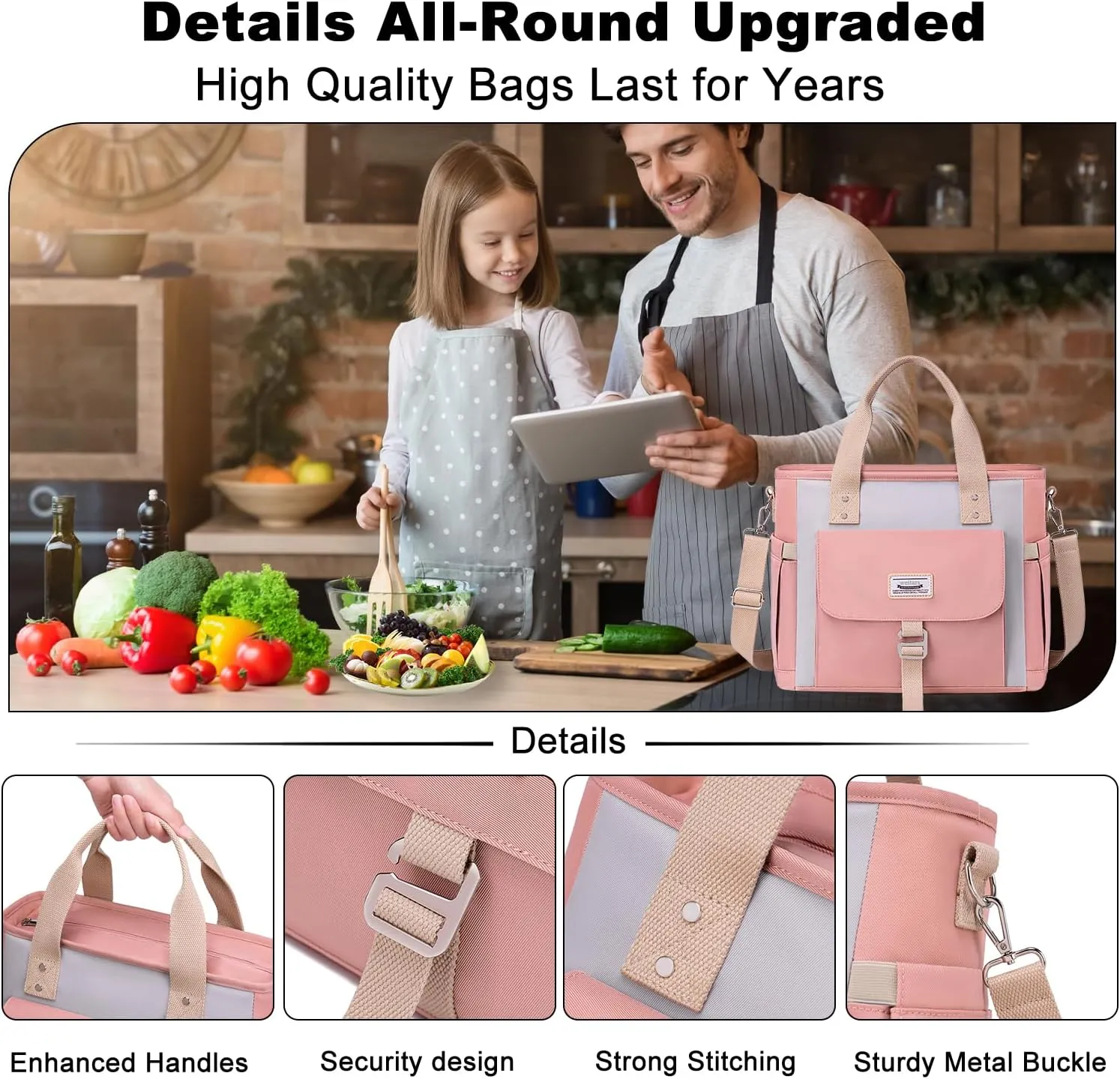 Weitars Insulated Lunch Bag for Women,Leak Proof Lunch Box for Work,Extra Large Lunch Tote Bag With Removable Shoulder Strap with Side Pockets,Reusable Lunch Bag For Picnic Hiking