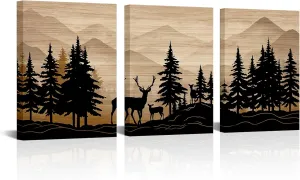 WELMECO Deer Wall Art Log Cabin Decor Rustic Farmhouse Bedroom Bathroom Living Room Decor 12"x16" x 3Pieces,Framed Canvas Wall Art