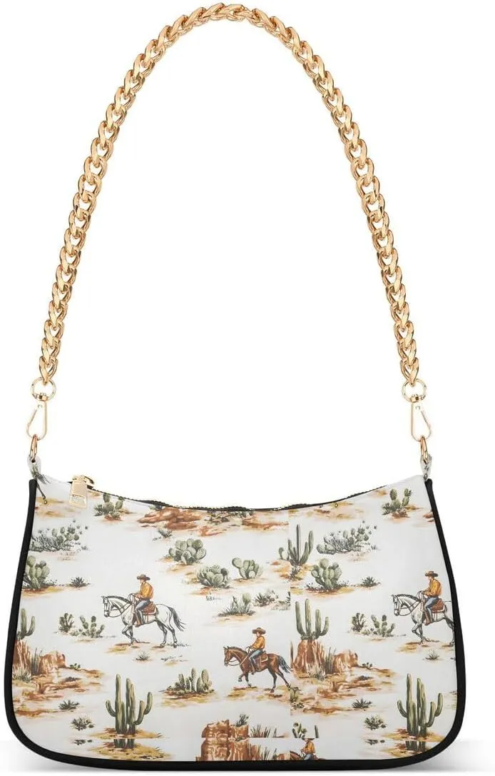 Western Cowboy Cactus Tote Bag Shoulder Bag Hobo Handbag for Women Ladies Mini Clutch Purse with Zipper Closure