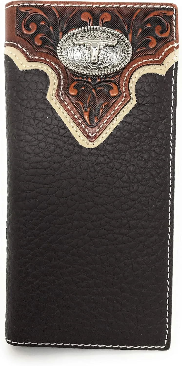 Western Premium Genuine Leather Tooled Men's Long Bifold Wallet premium cowboy wallets in 2 colors (Brown Longhorn)