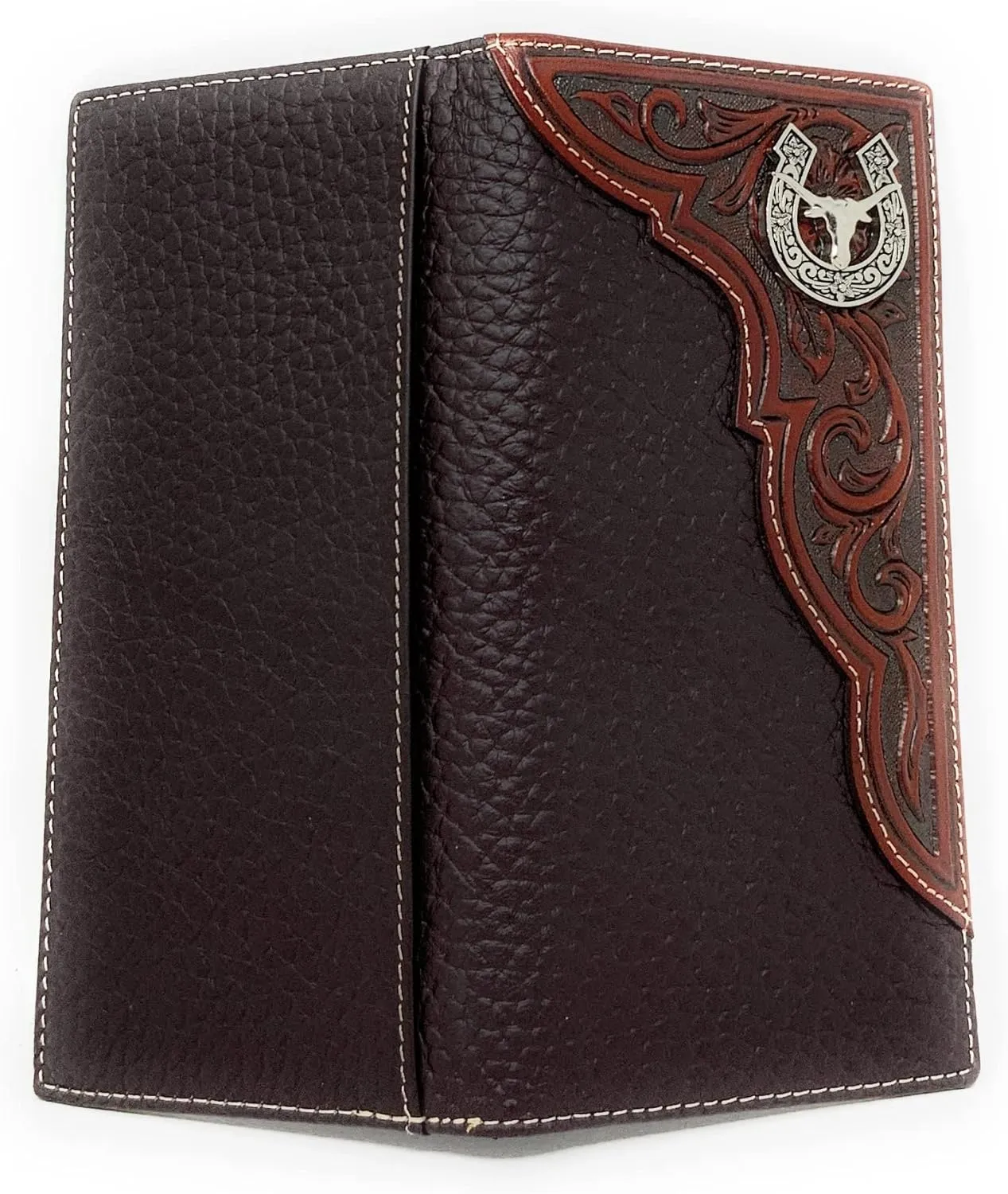 Western Premium Genuine Leather Tooled Men's Long Bifold Wallet premium cowboy wallets in 2 colors (Brown Longhorn)