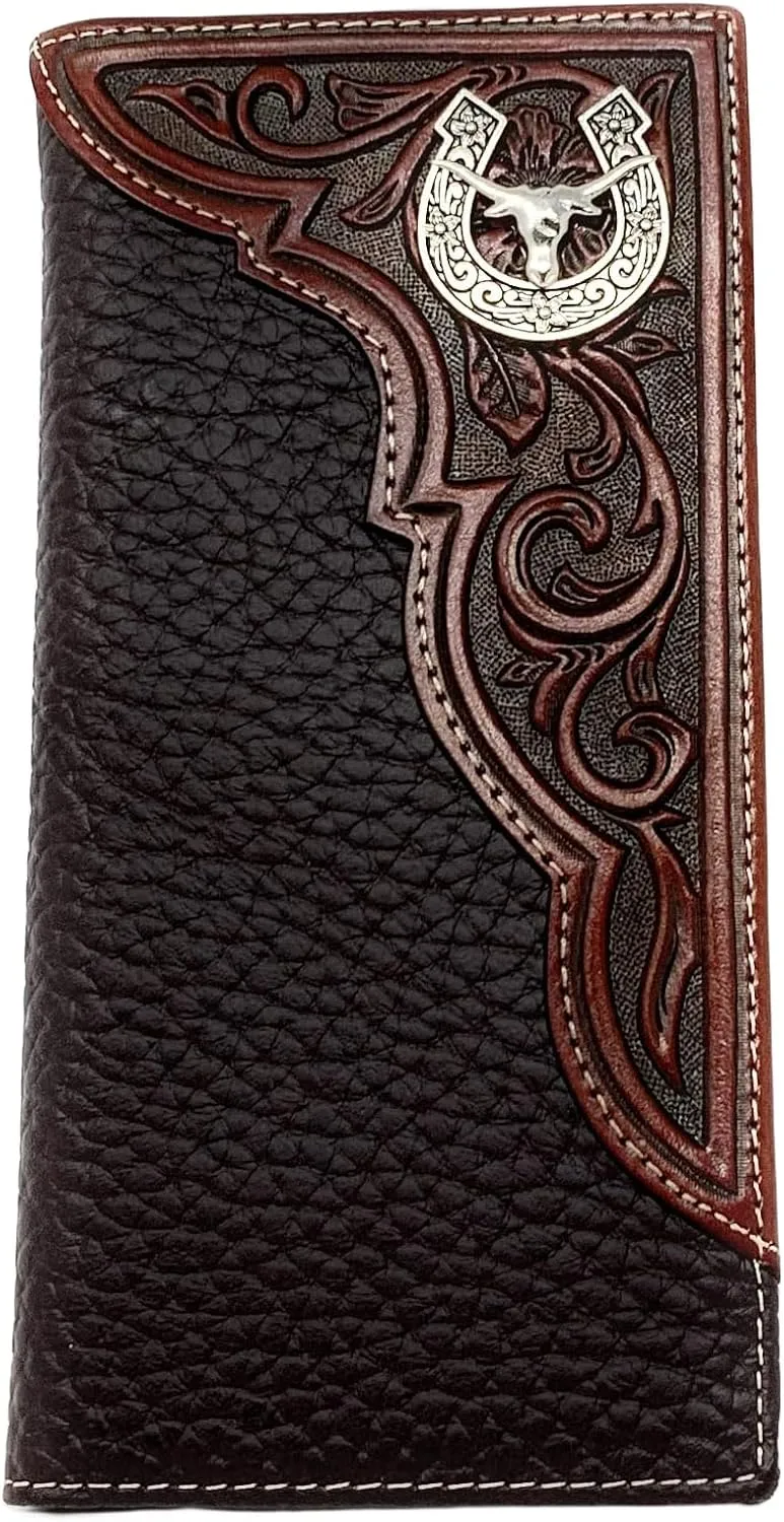 Western Premium Genuine Leather Tooled Men's Long Bifold Wallet premium cowboy wallets in 2 colors (Brown Longhorn)