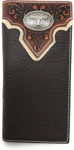 Western Premium Genuine Leather Tooled Men's Long Bifold Wallet premium cowboy wallets in 2 colors (Brown Longhorn)