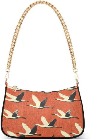 White Crane Bird Red Tote Bag Shoulder Bag Hobo Handbag for Women Ladies Mini Clutch Purse with Zipper Closure