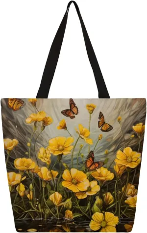 Wildflower Butterfly Canvas Tote Bag for Women Heavy Duty Canvas Bag Beach Bags Reusable Grocery Shopping Bags Tote Bag Gym Shoulder Bag with Inner Pocket