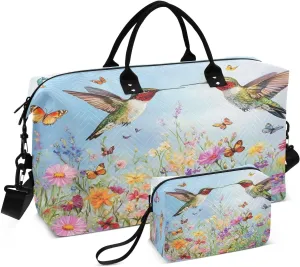 Wildflowers and Hummingbirds Travel Duffel Bags 2PCS,Sports Duffel Bags for Men Women,Weekender Overnight Bag Gym Tote Bag with Toiletry Bag