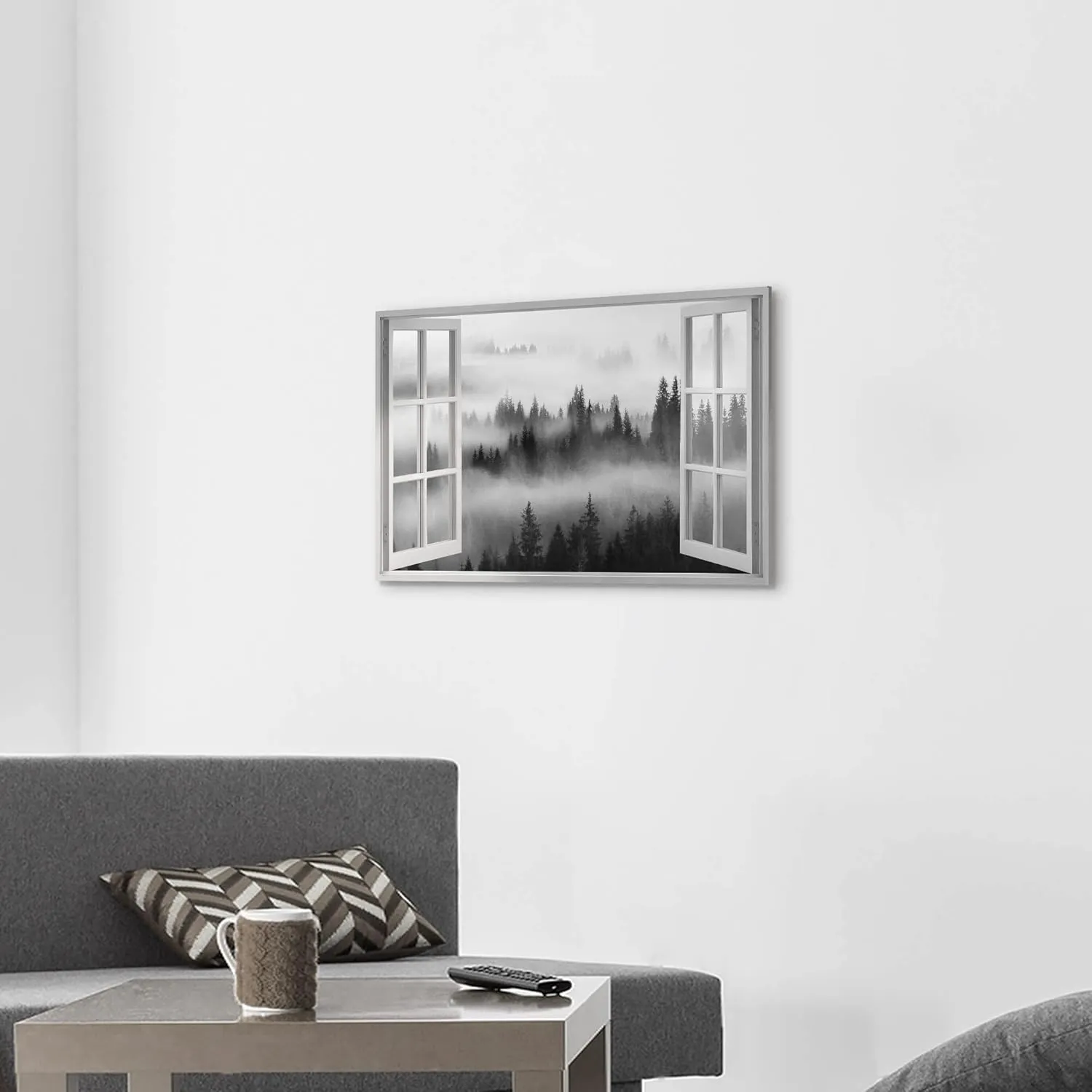 Window Misty Forest View Canvas Wall Art Picture: Modern Living Room Bedroom Black Foggy Forest Mountain Landscape Painting Print Nature Scene Artwork for Home Office Wall Decor 24x16 inch