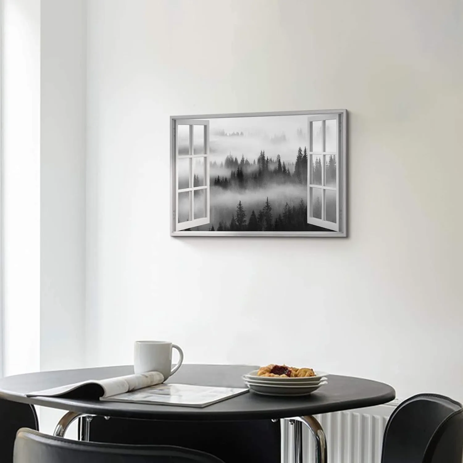 Window Misty Forest View Canvas Wall Art Picture: Modern Living Room Bedroom Black Foggy Forest Mountain Landscape Painting Print Nature Scene Artwork for Home Office Wall Decor 24x16 inch