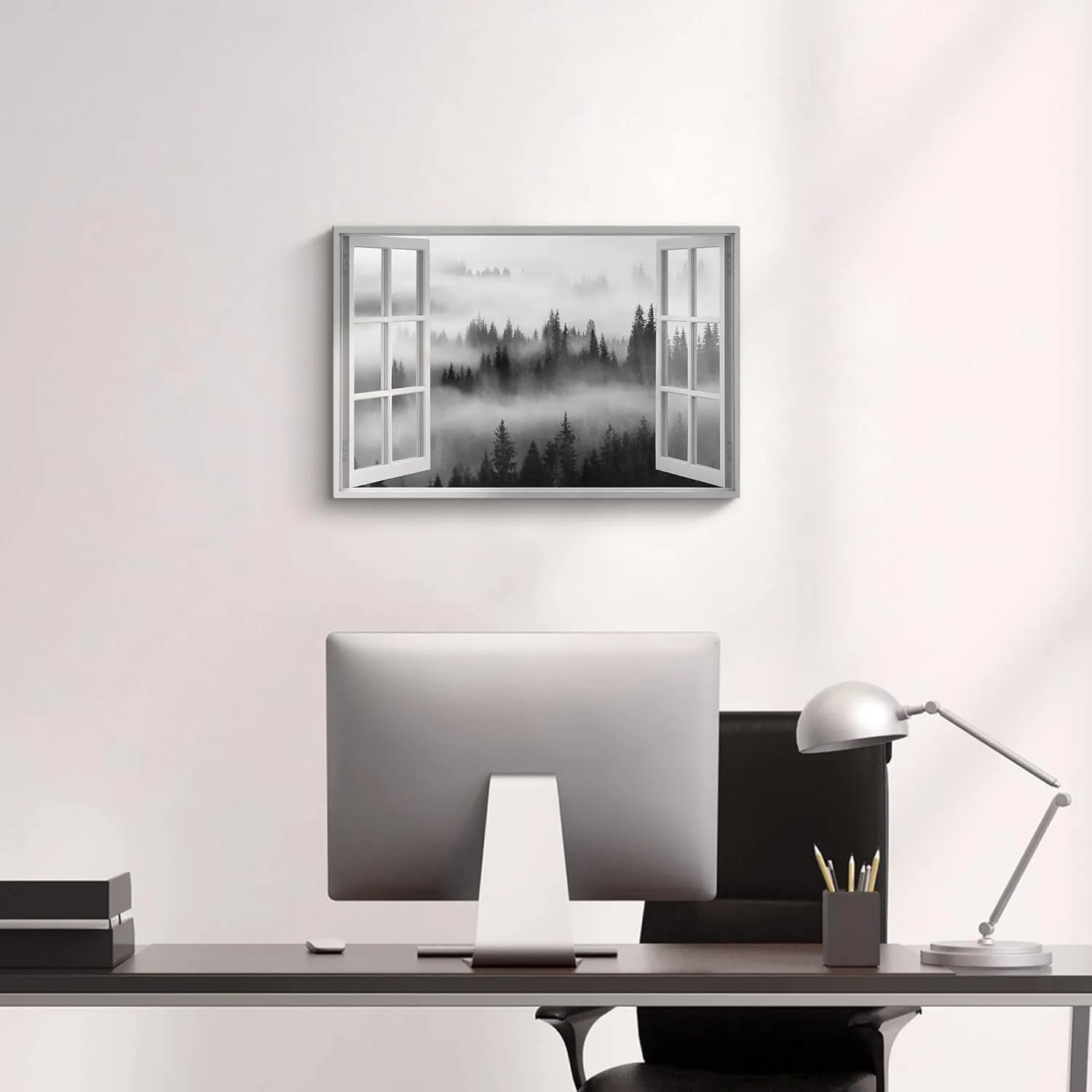 Window Misty Forest View Canvas Wall Art Picture: Modern Living Room Bedroom Black Foggy Forest Mountain Landscape Painting Print Nature Scene Artwork for Home Office Wall Decor 24x16 inch