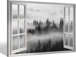 Window Misty Forest View Canvas Wall Art Picture: Modern Living Room Bedroom Black Foggy Forest Mountain Landscape Painting Print Nature Scene Artwork for Home Office Wall Decor 24x16 inch