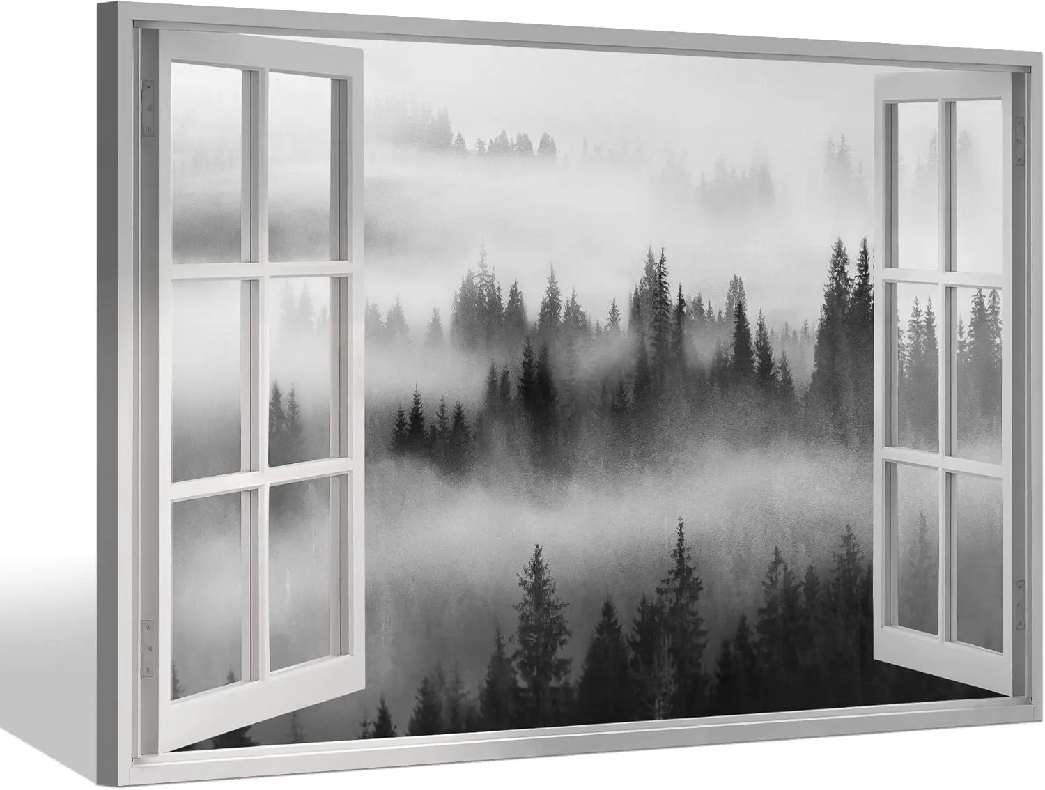Window Misty Forest View Canvas Wall Art Picture: Modern Living Room Bedroom Black Foggy Forest Mountain Landscape Painting Print Nature Scene Artwork for Home Office Wall Decor 24x16 inch