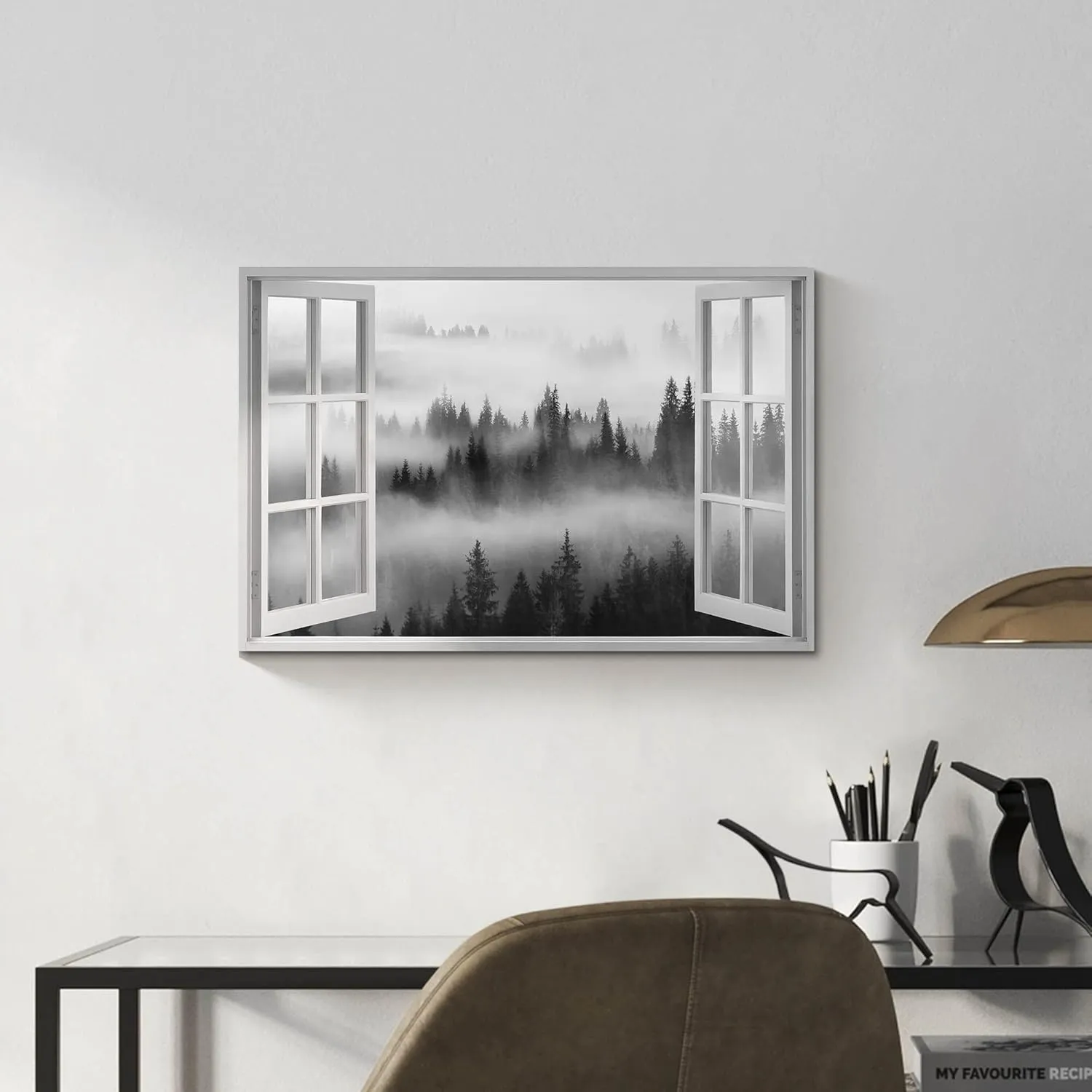 Window Misty Forest View Canvas Wall Art Picture: Modern Living Room Bedroom Black Foggy Forest Mountain Landscape Painting Print Nature Scene Artwork for Home Office Wall Decor 24x16 inch