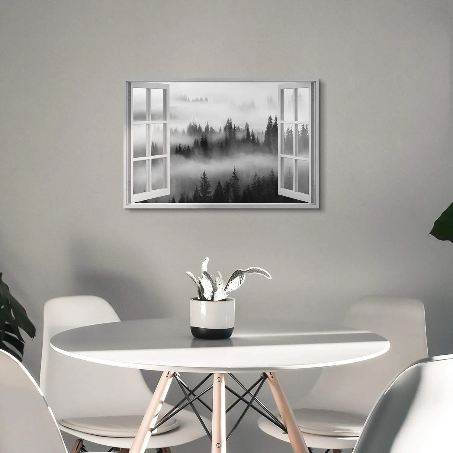Window Misty Forest View Canvas Wall Art Picture: Modern Living Room Bedroom Black Foggy Forest Mountain Landscape Painting Print Nature Scene Artwork for Home Office Wall Decor 24x16 inch