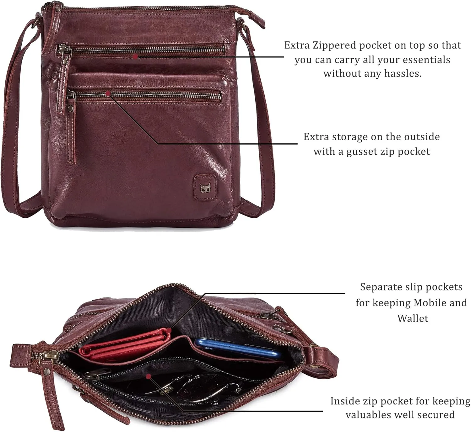 Wise Owl Accessories Small Crossbody Bags for Women Real Leather Purse Handbags Crossover Over the Shoulder Pocketbook