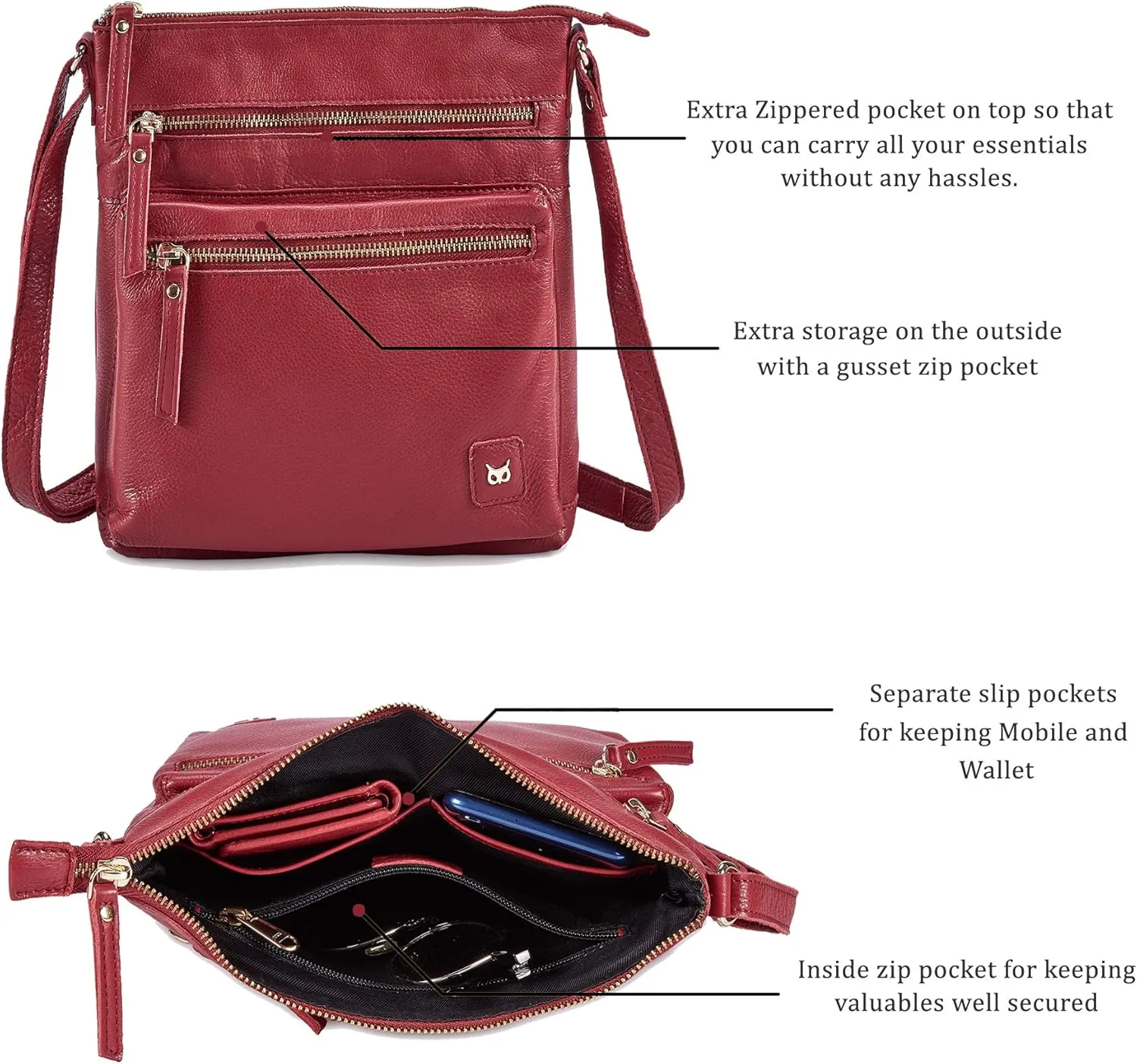 Wise Owl Accessories Small Crossbody Bags for Women Real Leather Purse Handbags Crossover Over the Shoulder Pocketbook