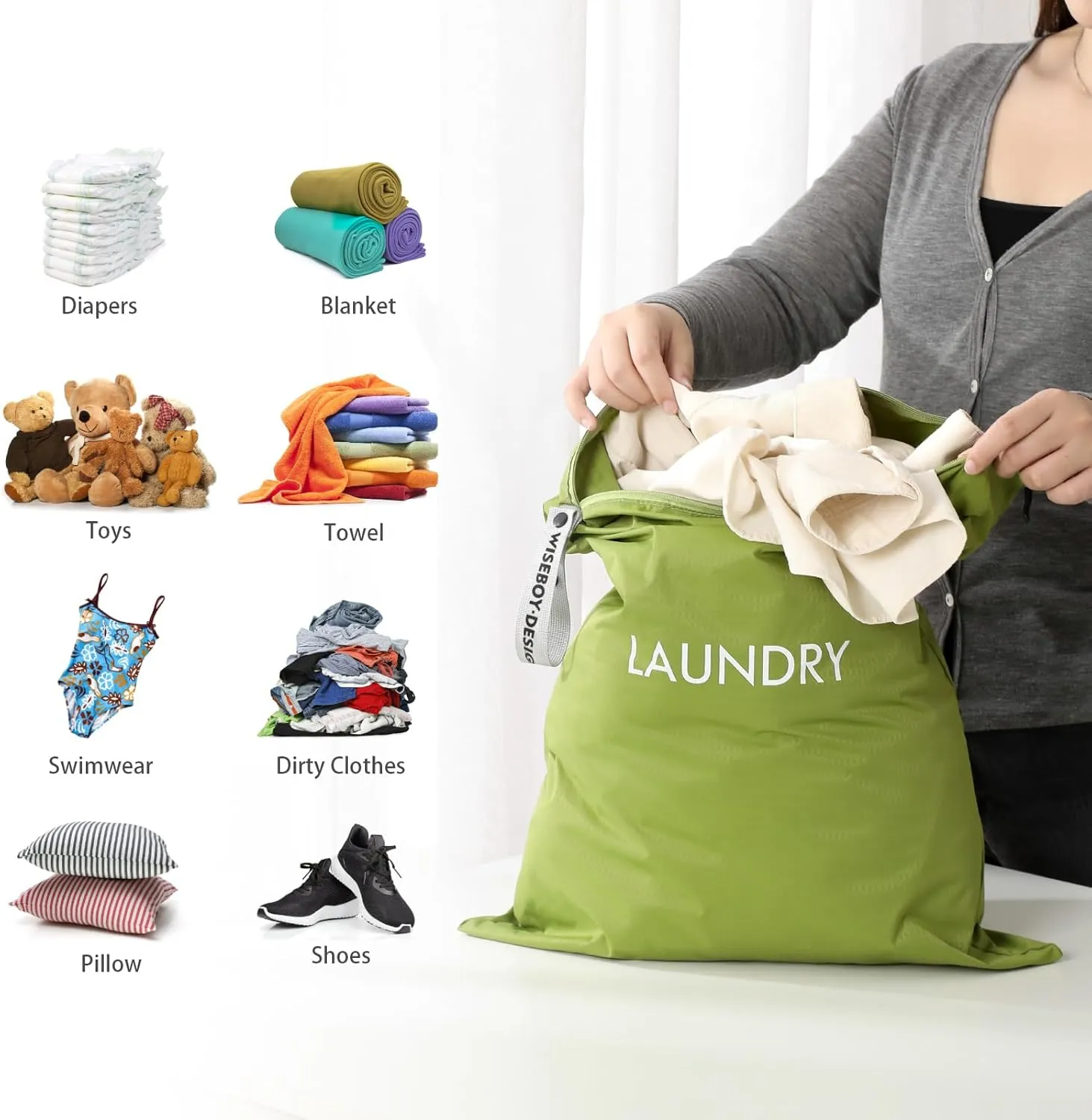 WiseBoy 2 Pack Laundry Bags, Travel Laundry Bag for Dirty Clothes, Washable Nylon Wet Dry Bag, Dirty Clothes Bag for College Dorm, Travel, Camping