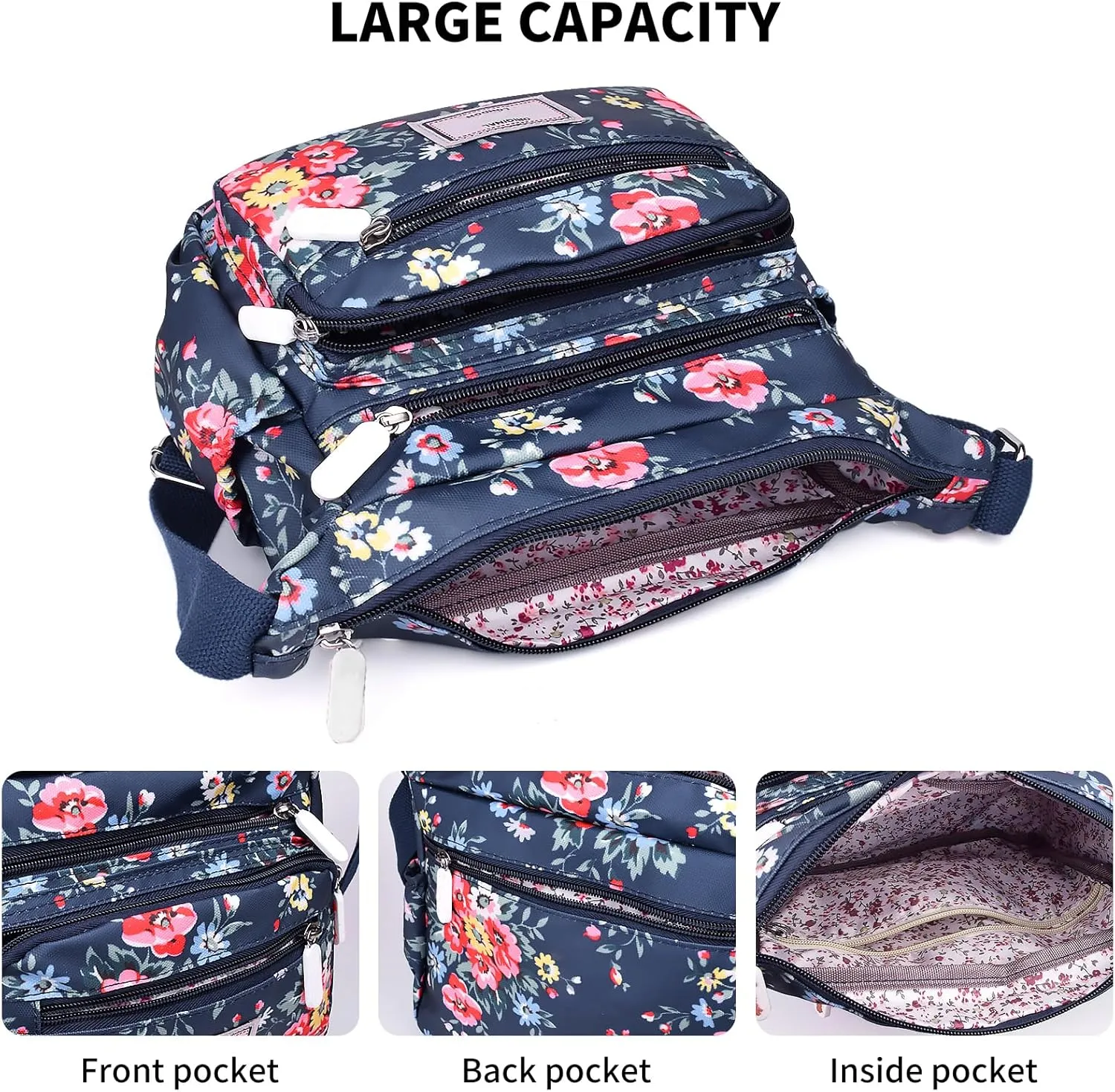 WITERY Crossboby Bag for Women - Waterproof Nylon Multi-Pocket Purse Floral Shoulder Bag Zipper Handbag Messenger Bag