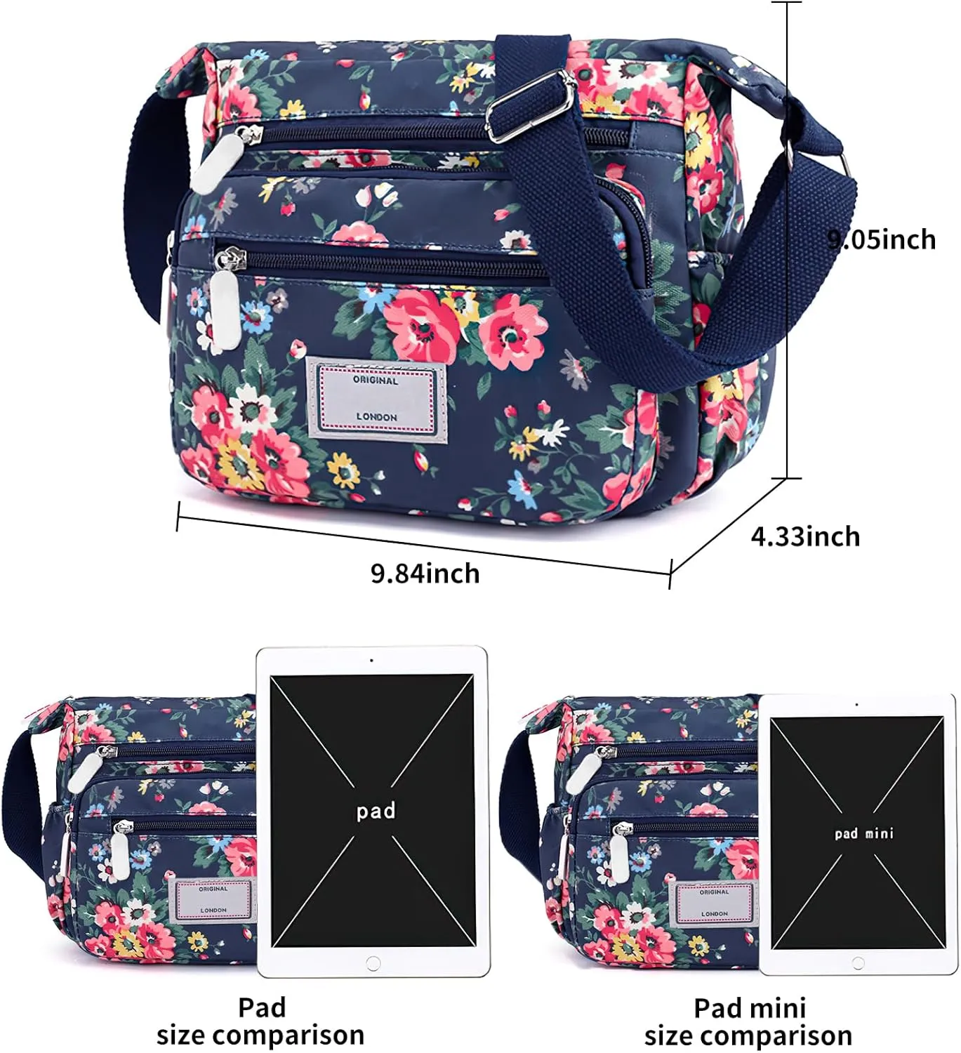 WITERY Crossboby Bag for Women - Waterproof Nylon Multi-Pocket Purse Floral Shoulder Bag Zipper Handbag Messenger Bag