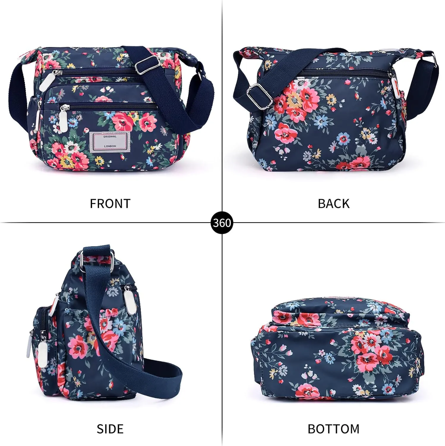 WITERY Crossboby Bag for Women - Waterproof Nylon Multi-Pocket Purse Floral Shoulder Bag Zipper Handbag Messenger Bag