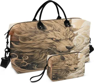Wolf Travel Duffle Bag Gym Bag, Wolf Beast in The Waves Weekender Bags for Women with Toiletry Bag Travel Tote Bag Swim Bag