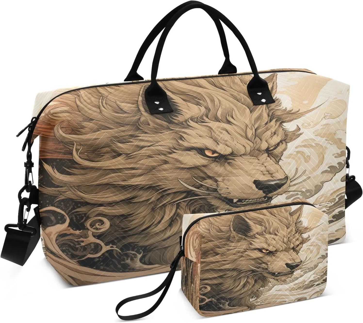 Wolf Travel Duffle Bag Gym Bag, Wolf Beast in The Waves Weekender Bags for Women with Toiletry Bag Travel Tote Bag Swim Bag