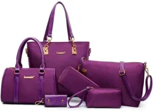 Women 6Pcs Handbag Set Nylon Top Handle Bag Totes Satchels Crossbody Shoulder Bags and Purse Clutch
