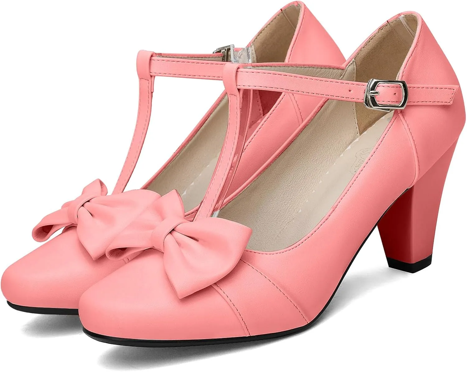 Women Bow Vintage Shoes Block Black High Heels Mary Janes Closed Toe T-Strap Pumps Comfort Rockabilly Shoes