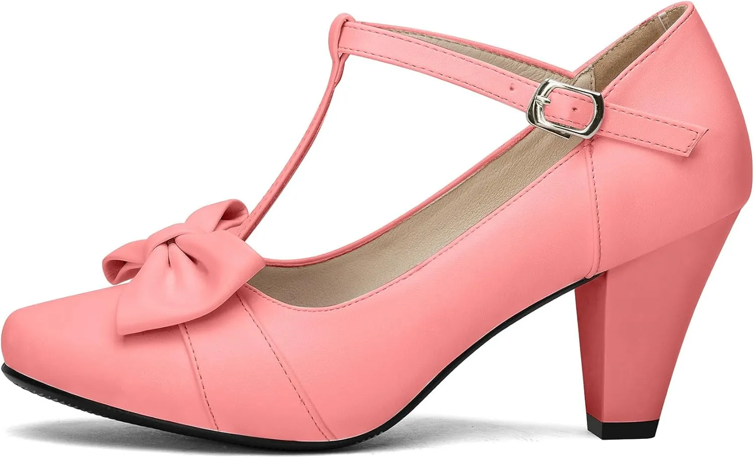 Women Bow Vintage Shoes Block Black High Heels Mary Janes Closed Toe T-Strap Pumps Comfort Rockabilly Shoes
