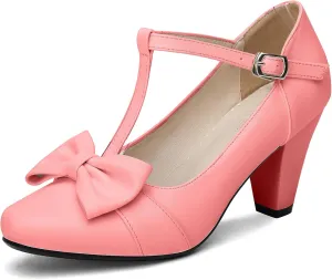 Women Bow Vintage Shoes Block Black High Heels Mary Janes Closed Toe T-Strap Pumps Comfort Rockabilly Shoes