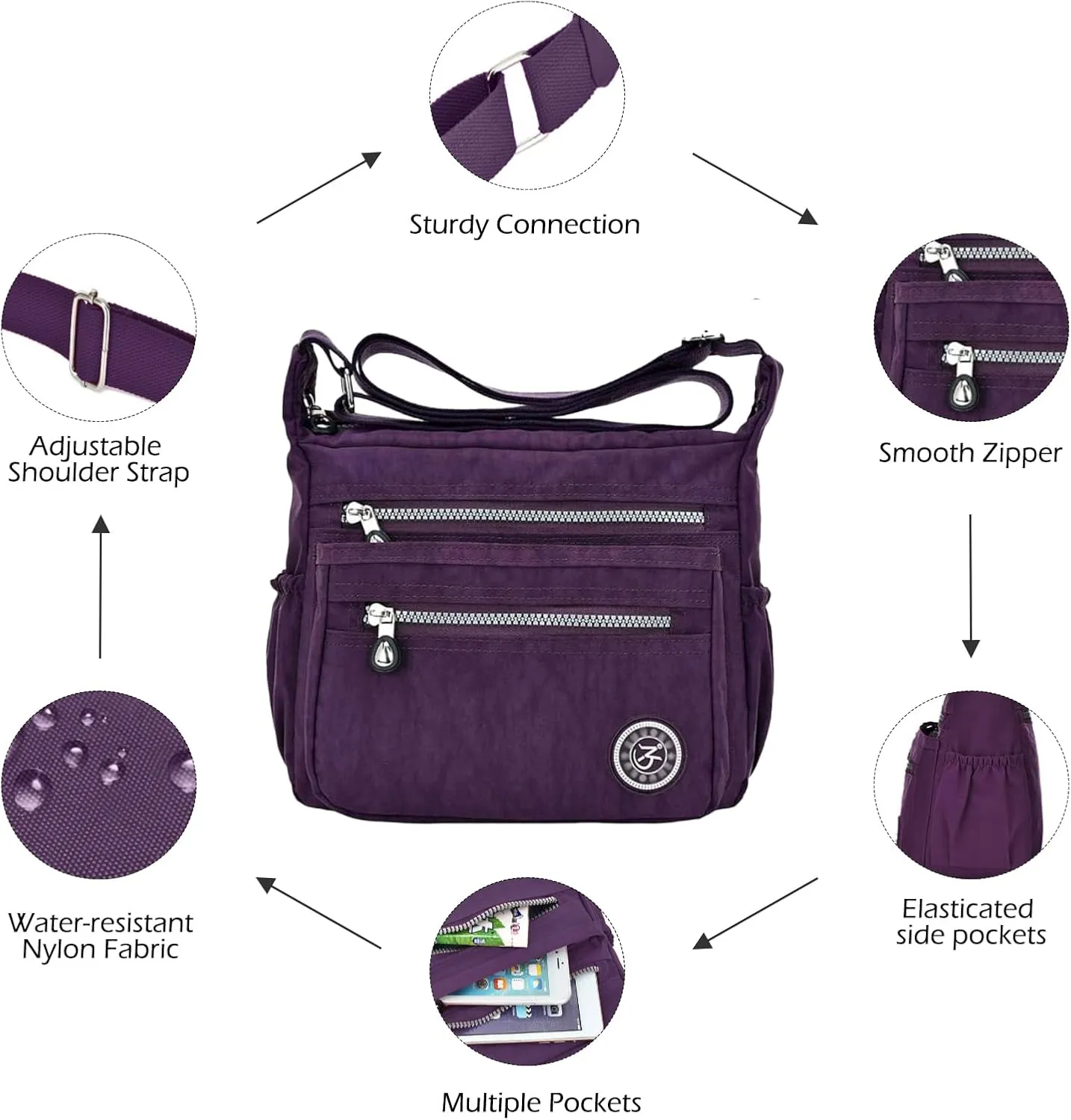 Women Crossbody Bag Multi Pocket Casual Messenger Bag Nylon Shoulder Handbag Waterproof Ladies Travel Purse