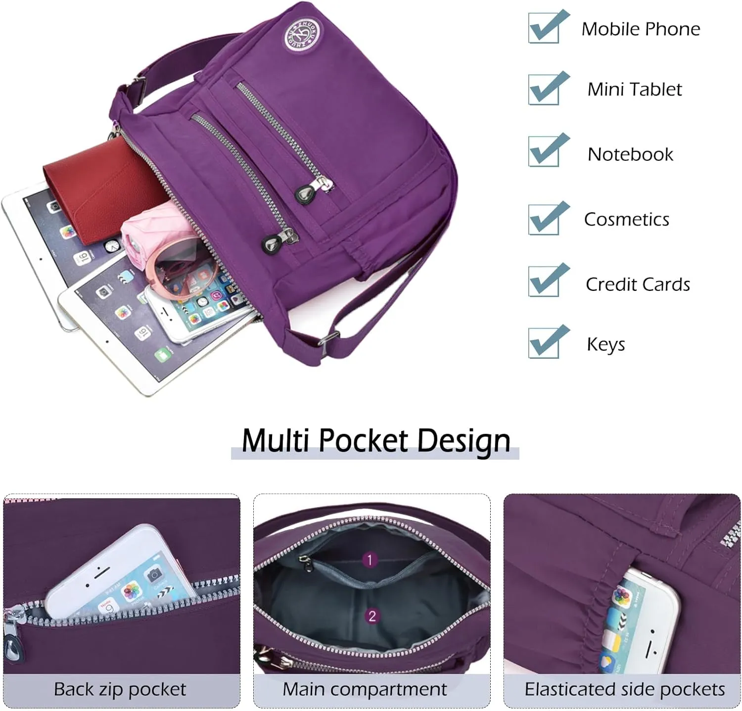Women Crossbody Bag Multi Pocket Casual Messenger Bag Nylon Shoulder Handbag Waterproof Ladies Travel Purse