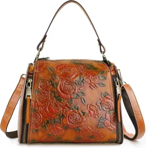 Women Genuine Leather Handbags, Organizer Retro Vegetable Tanning Leather Satchel Vintage Embossing Shoulder Bag Brown