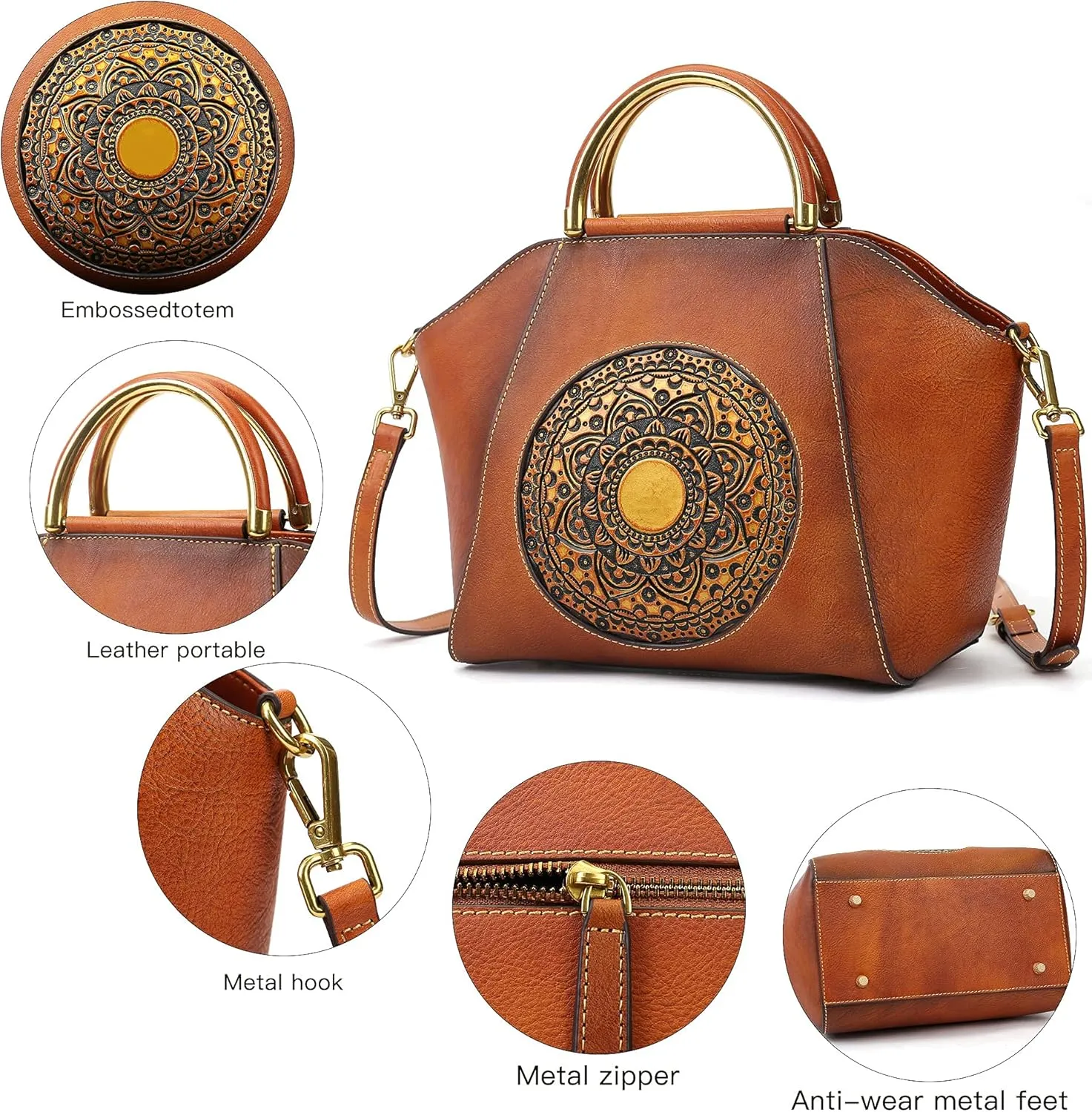 Women Genuine Leather Handbags, Organizer Retro Vegetable Tanning leather Satchel Vintage Embossing Totem Shoulder Bag