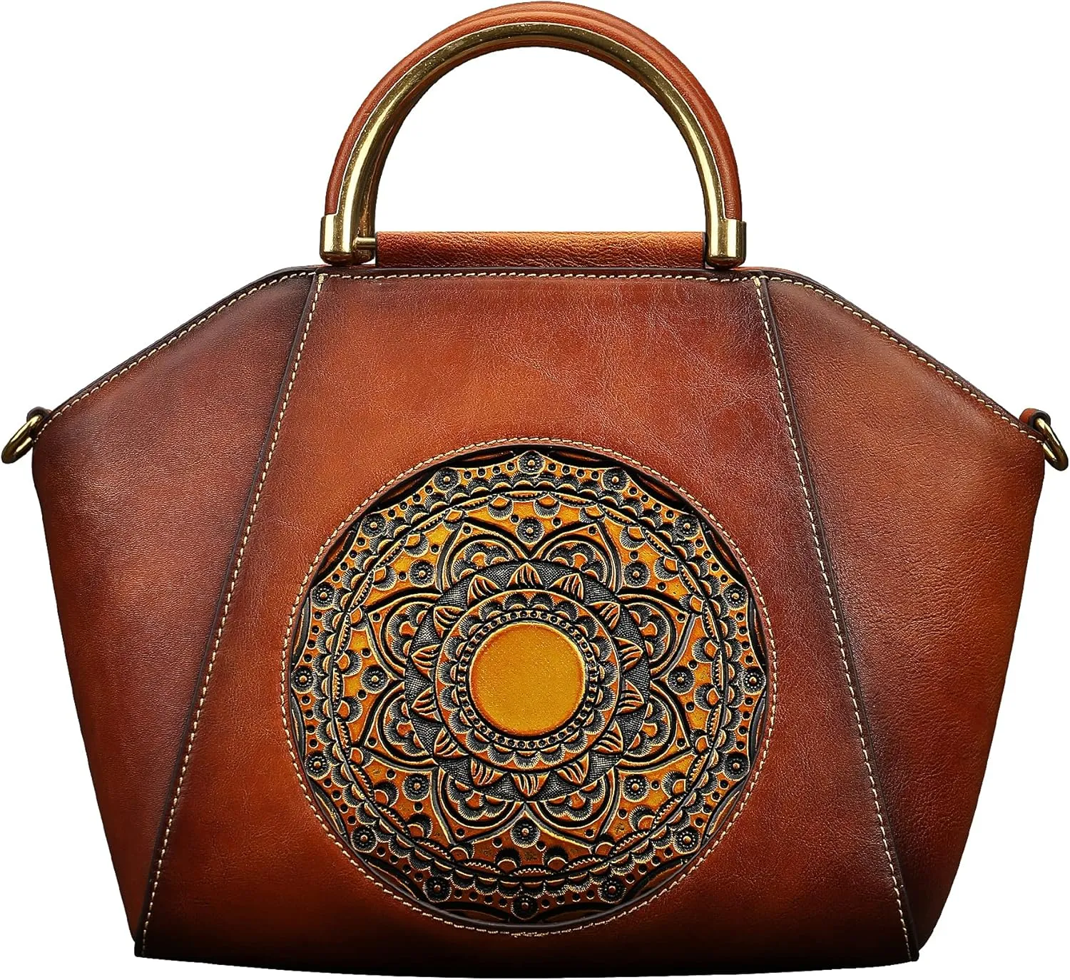Women Genuine Leather Handbags, Organizer Retro Vegetable Tanning leather Satchel Vintage Embossing Totem Shoulder Bag