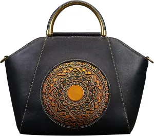 Women Genuine Leather Handbags, Organizer Retro Vegetable Tanning leather Satchel Vintage Embossing Totem Shoulder Bag