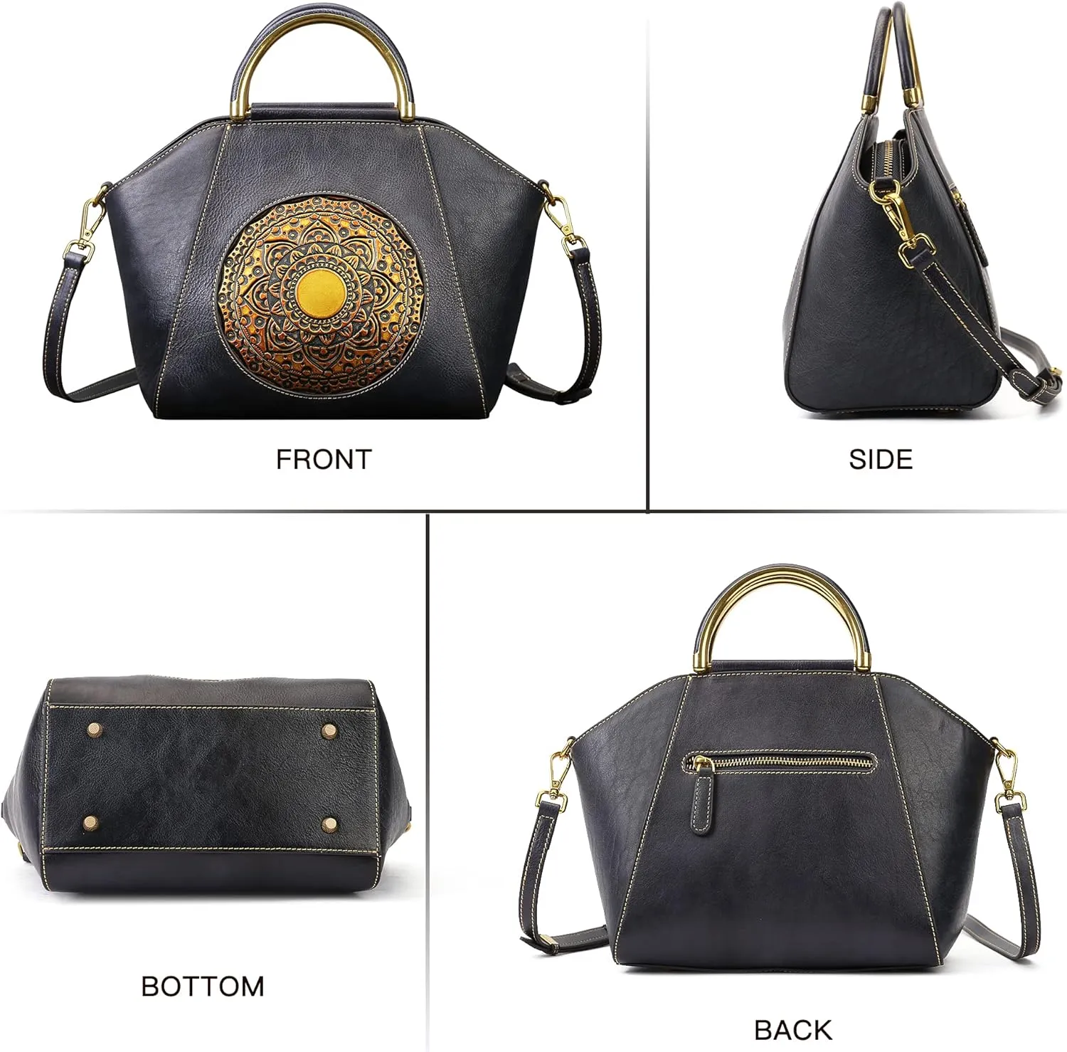 Women Genuine Leather Handbags, Organizer Retro Vegetable Tanning leather Satchel Vintage Embossing Totem Shoulder Bag