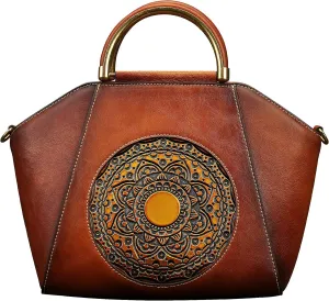Women Genuine Leather Handbags, Organizer Retro Vegetable Tanning leather Satchel Vintage Embossing Totem Shoulder Bag