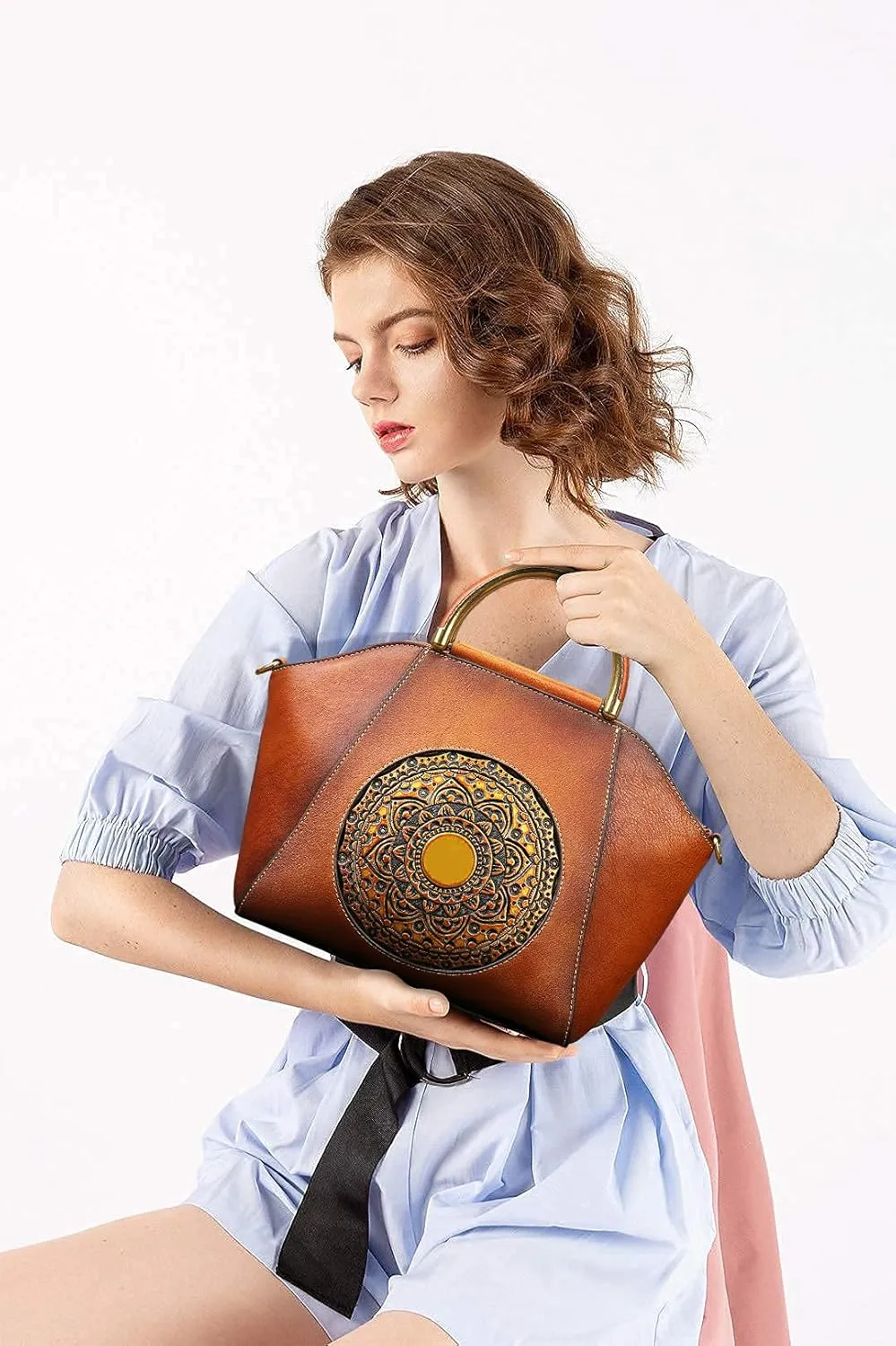 Women Genuine Leather Handbags, Organizer Retro Vegetable Tanning leather Satchel Vintage Embossing Totem Shoulder Bag