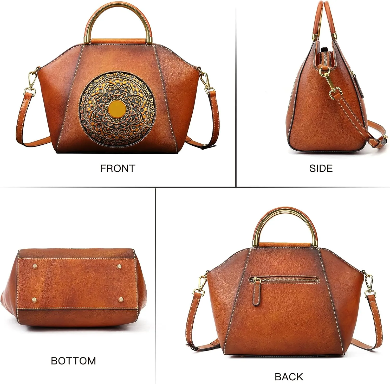 Women Genuine Leather Handbags, Organizer Retro Vegetable Tanning leather Satchel Vintage Embossing Totem Shoulder Bag