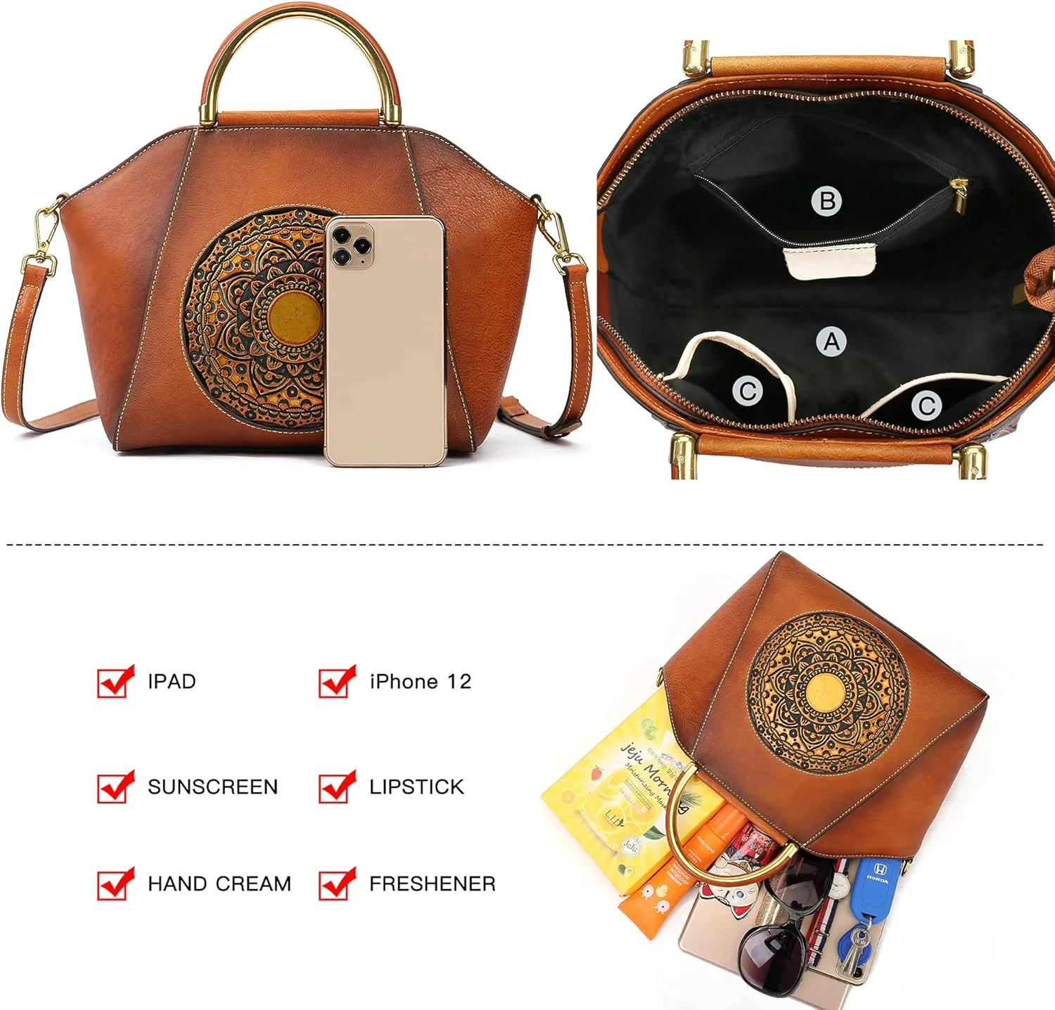 Women Genuine Leather Handbags, Organizer Retro Vegetable Tanning leather Satchel Vintage Embossing Totem Shoulder Bag