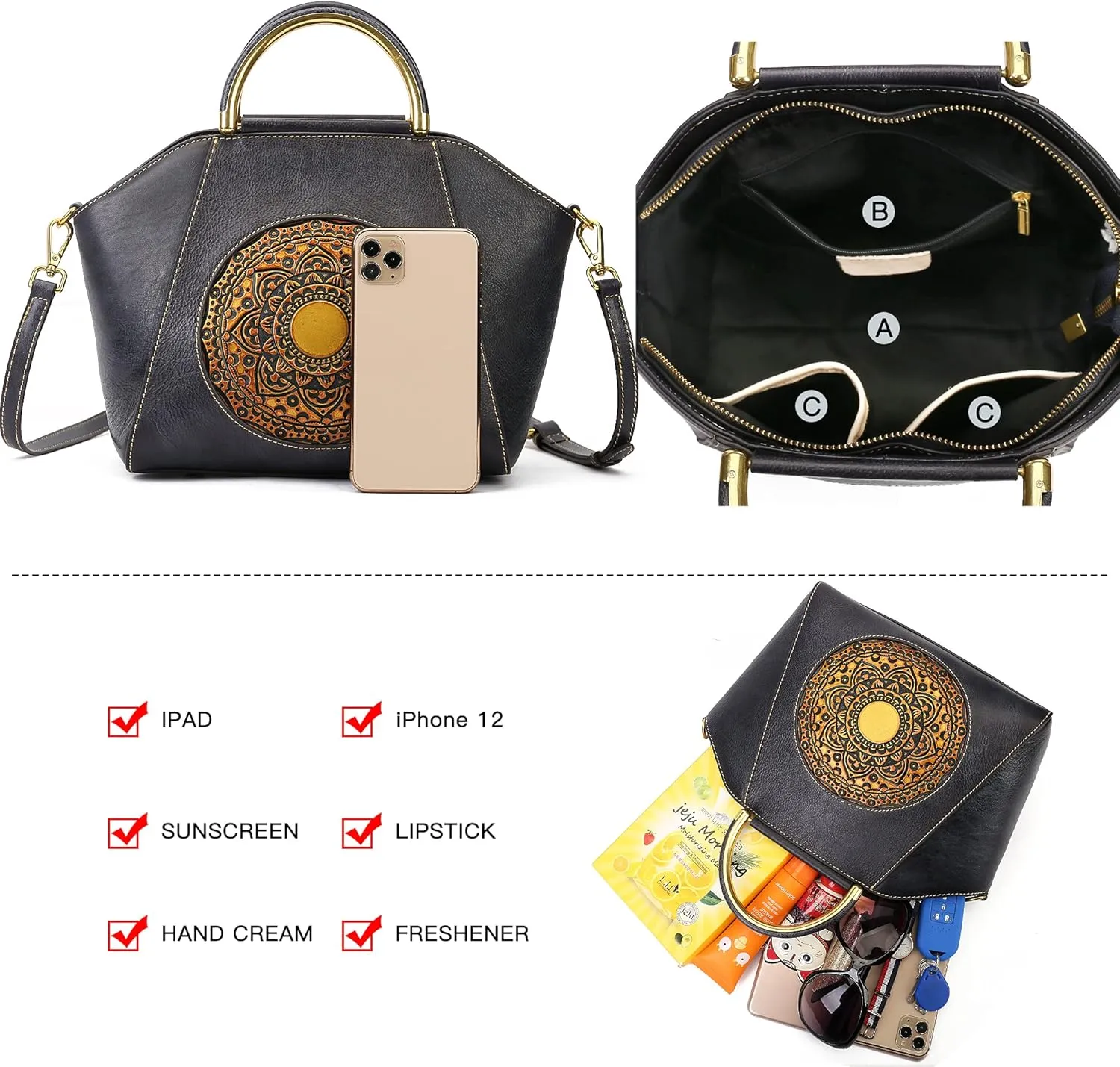 Women Genuine Leather Handbags, Organizer Retro Vegetable Tanning leather Satchel Vintage Embossing Totem Shoulder Bag