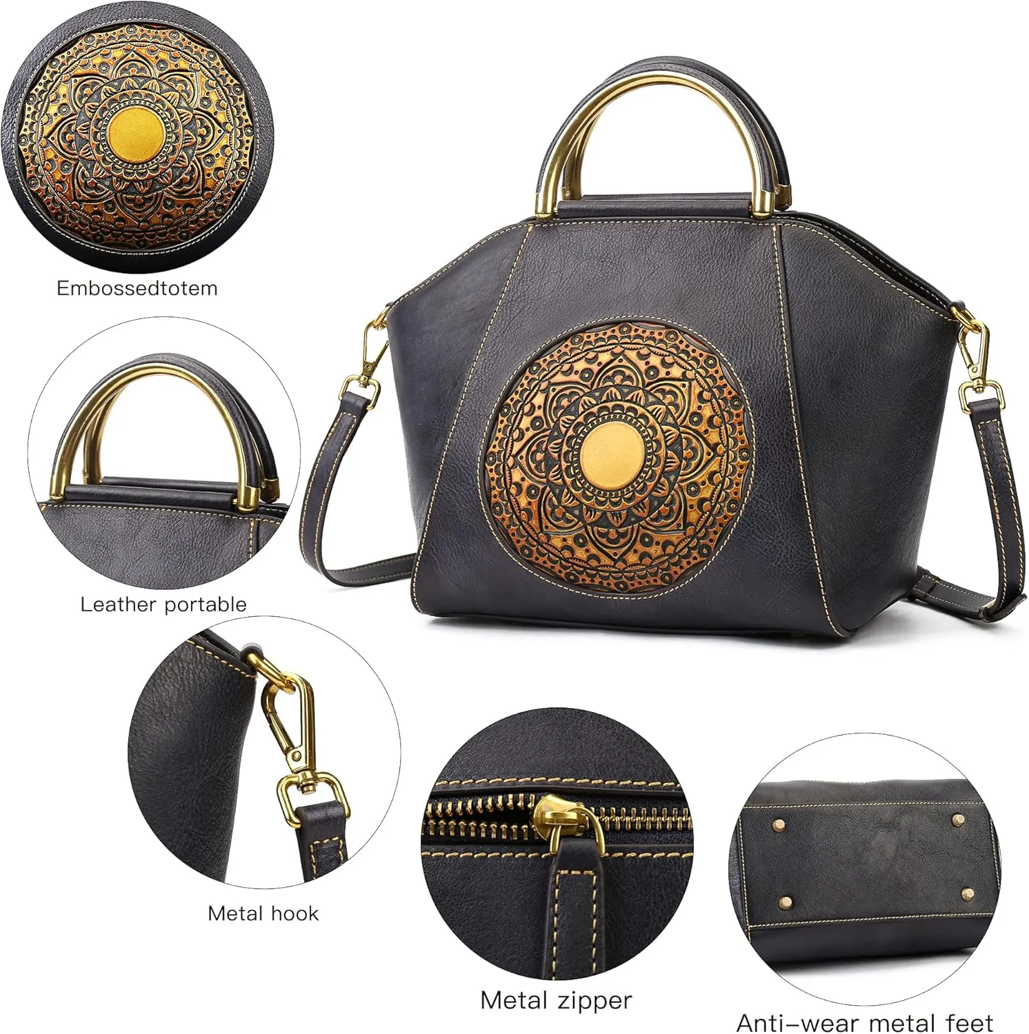 Women Genuine Leather Handbags, Organizer Retro Vegetable Tanning leather Satchel Vintage Embossing Totem Shoulder Bag