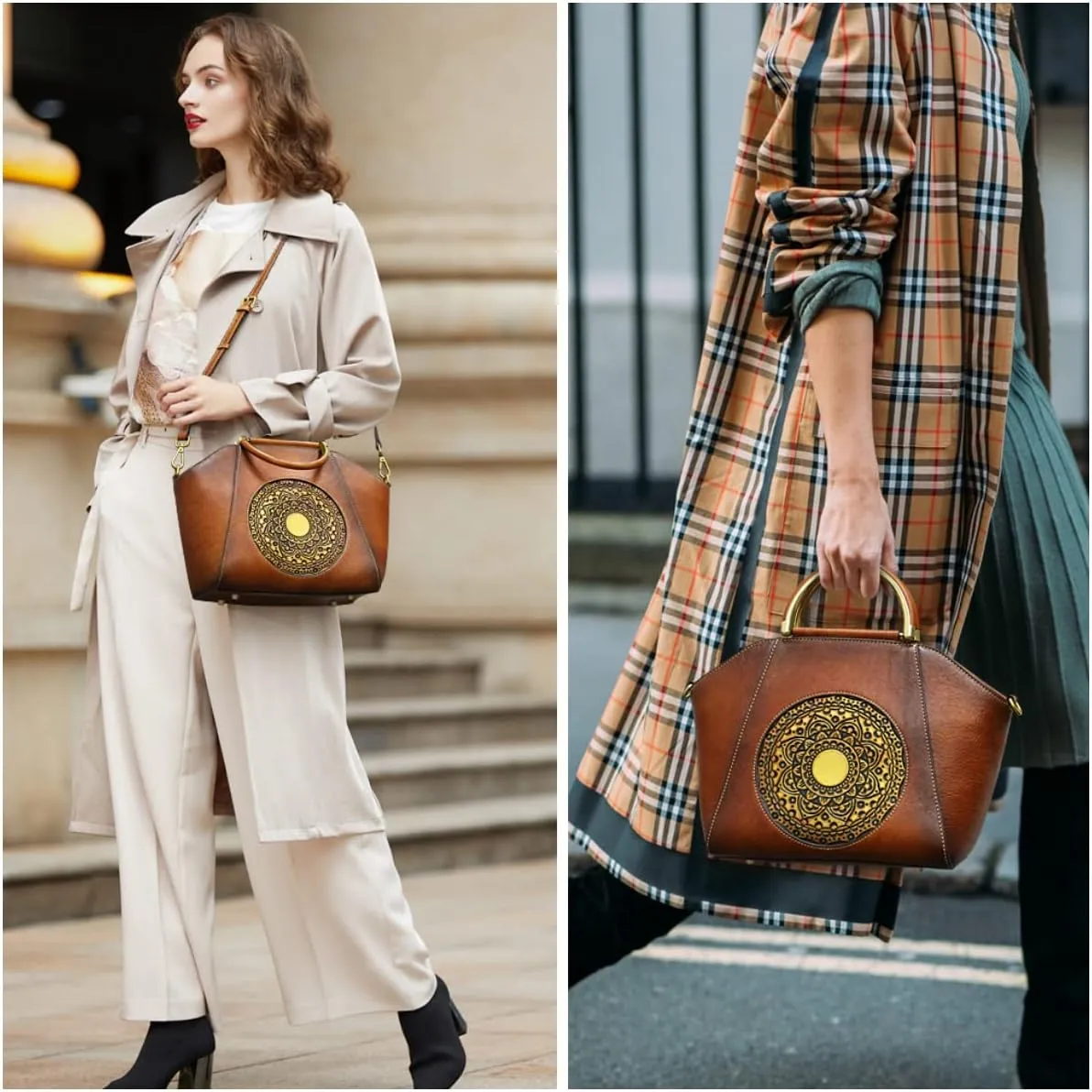 Women Genuine Leather Handbags, Organizer Retro Vegetable Tanning leather Satchel Vintage Embossing Totem Shoulder Bag