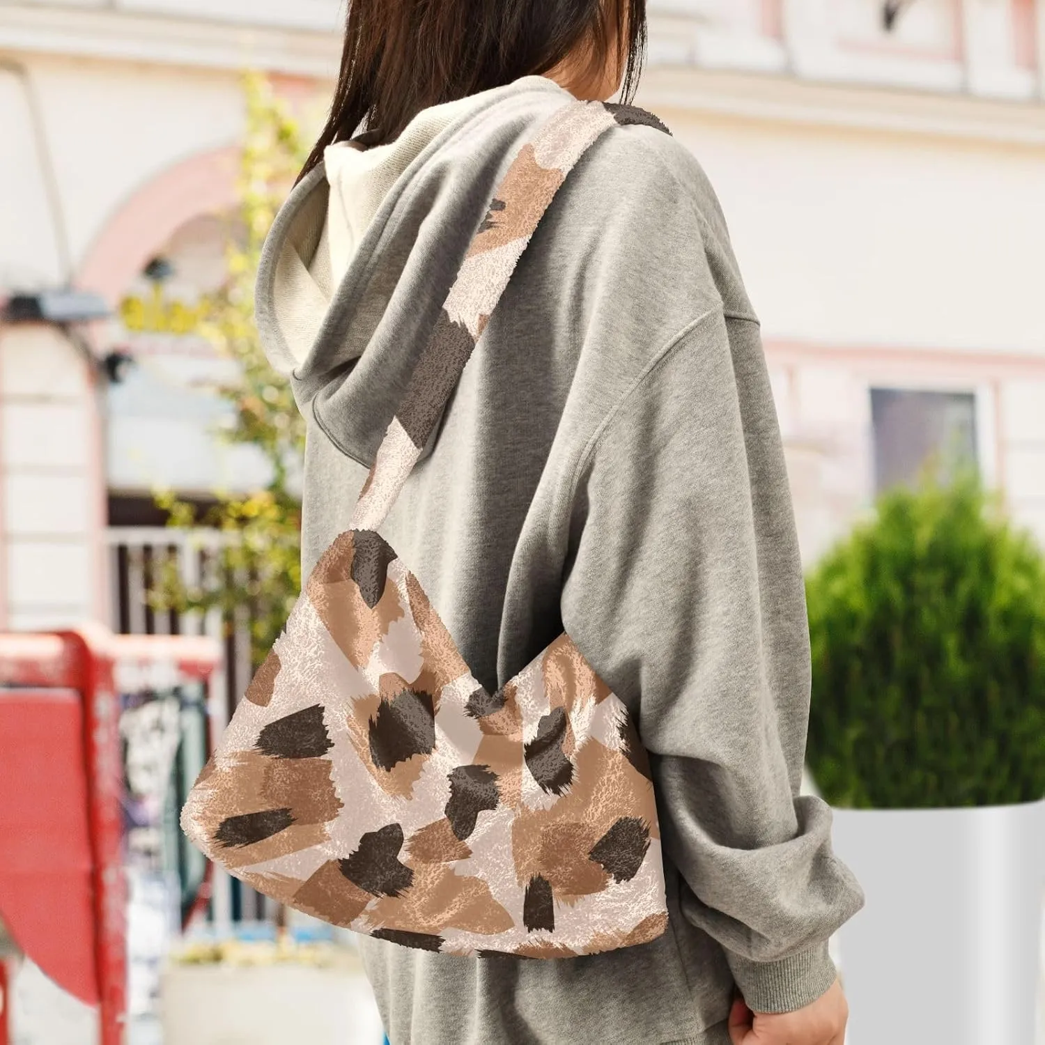 Women Ladies Cute Pinstripe Plush Shoulder BagTote Handbag Purse Faux Fur Shopping Dating Bag Multicolor 1
