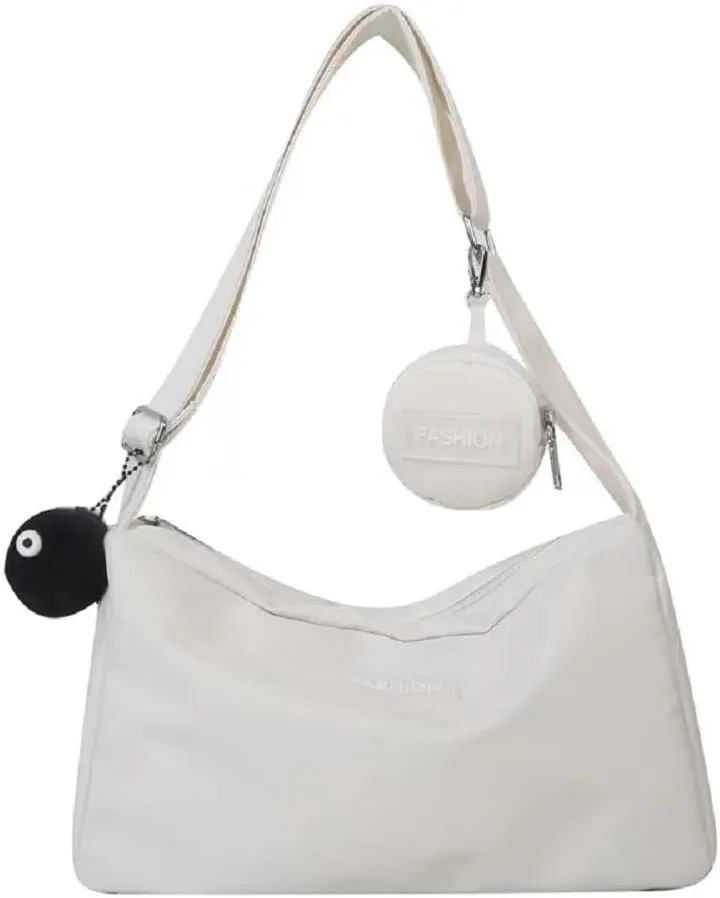 Women Nylon Crossbody Hobo Handbags, Multi Shoulder Bag with Coin Purse and Cute Pendant (White)