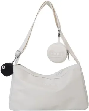 Women Nylon Crossbody Hobo Handbags, Multi Shoulder Bag with Coin Purse and Cute Pendant (White)