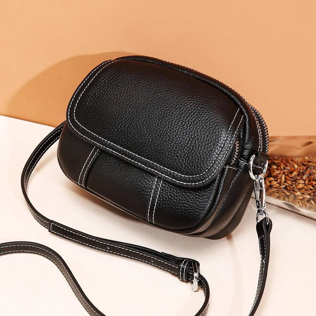 Women Retro Leather Satchel Bag Double Zipper Top Handle Mini Handbags Strap Shoulder Purse