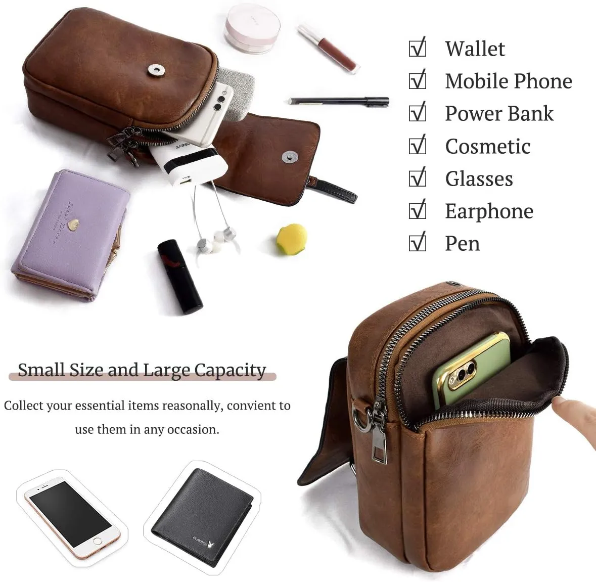 Women Small Crossbody Phone Bag Vegan Leather Shoulder Handbags Cellphone Purse Wallet with Adjustable Strap