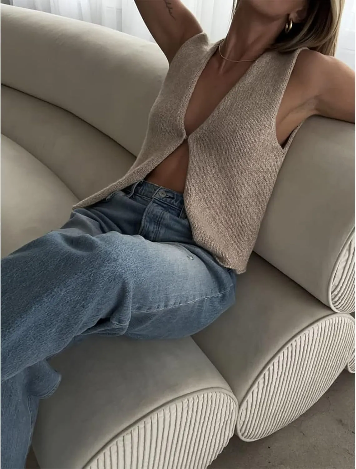 Women Vintage Crochet Vest Tank Top Y2k Sleeveless V Neck Knit Open Front Crop Top Streetwear